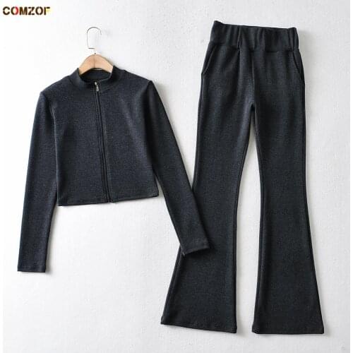 High Waist Pants+Zipper Coats Women 2021 Spring Autumn 2 Piece Set INS Fashion Gothic Clothes Lady Suits Ensemble Femme
