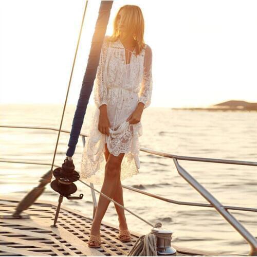 2018 Summer Women Long Dress Set V neck Sexy Dress Hollow Out White Lace Beach Dress For Women Bikini Beachwear Sun Clothes