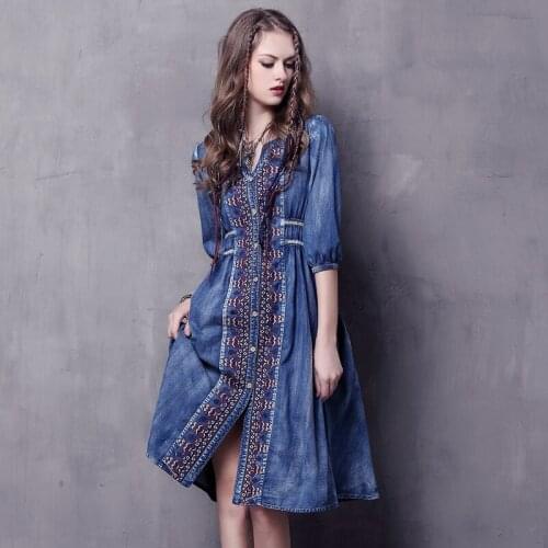 Brand Womens 2021 Spring New Plus Size Denim Skirt Ethnic Style Embroidery Loose Sleeve Dress