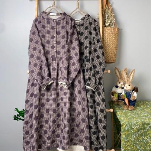 2021 New Spring Women Dress Japan Style Literary Polka Dot Print Stand Collar Long Sleeve Cotton Single-breasted Midi Dress
