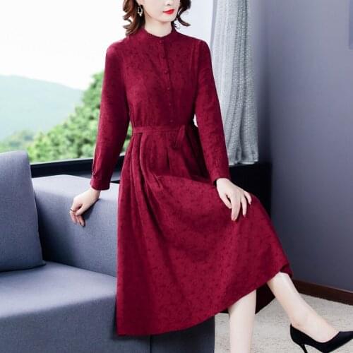 2021 Red Jacquard Long Sleeve Bodycon Midi Dress Women Korean Fashion Office Lady Dress Spring Autumn Vintage Elegant Solid Robe
