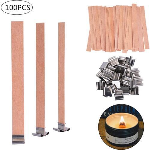 100 PCS Wood Candle Wicks with Iron Stand Candle Cores Natural Environmental-friendly Candle DIY Making For Home Church Deco