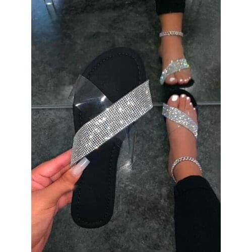 2021 Fashion Flat Womens Shoes Outdoor Rhinestone Sandals Summer Open Toe Sexy Beach Slippers Plus Size