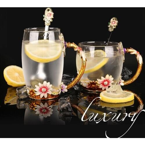 350ml Luxury Crystal Tea Mugs Transparent Flower Milk Cup With Spoon Diamond Enamel Breakfast Lover Coffee Mug Free Shipping