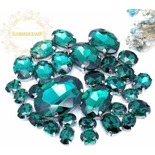 5 SIZES 30PCS Free shipping! Malachite green oval shape Glass Crystal sew on rhinestones with calw Diy wedding decoration