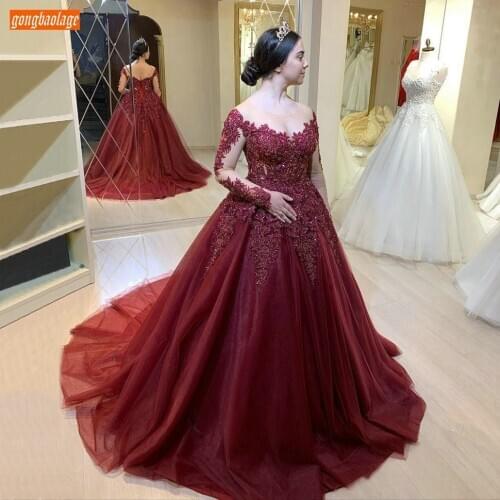 Burgundy Evening Dress Long Sleeves Lace Up Appliqued Beaded Elegant Ball Gown Women Dresses Party 2020 Robe De Soiree Banquet