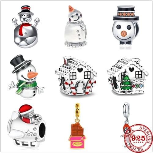 Hot sale 925 Sterling Silver Chocolate House Snowman Safety Chain Beading Pandora Charm Original Bracelet DIY Jewelry For Women