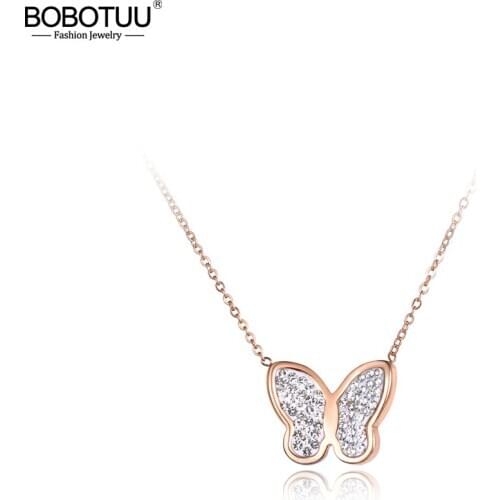 BOBOTUU Clay AAA Rhinestone Stainless Steel Chain Pendant Necklace Rose Gold Butterfly Choker Necklaces For Women Girls BN19047