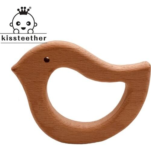 Kissteether Baby Wooden Teether Beech Wood Cartoon Bird Teething Toys Montessori Inspired Nursing Pendant Baby Teether
