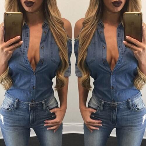 Fashion Sexy Women Casual Vintage Retro Long Sleeve Cold Shoulder Button Jeans Shirt Imitation denim Blouse Tops