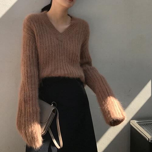 JSXDHK Lazy Style Mohair V Neck Sweater Jumper Fashion Autumn Winter Women Soft Thick Mink Hair Knitted Warm Loose Pullovers