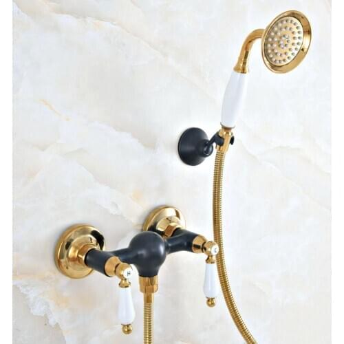 Black Gold Bathroom Bath Wall Mounted Hand Held Shower Head Kit Shower Faucet Sets zna509