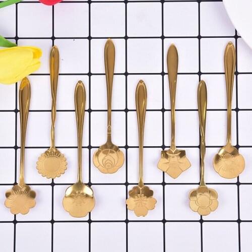 Small Stainless Steel Spoon 1pc Vintage Gold Flower Spoons Coffee Tea Spoon Fancy Sugar Dessert Teaspoon Bar Cafe Tableware