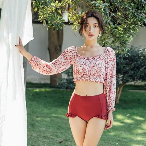 Swimwear Swim Suit Bikini Girl Biquini Infantil Tankini Women Swimsuit Woman Two Piece Retro Floral Split Long Sleeve High Waist