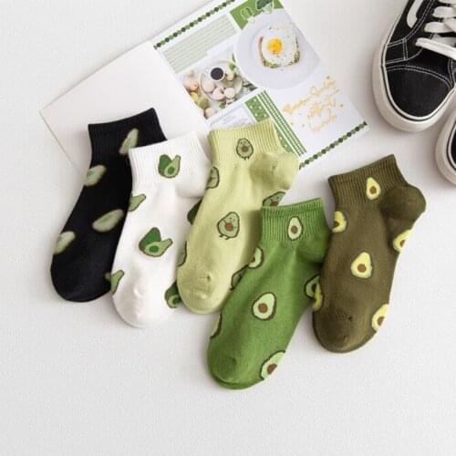 YIMUBA Solid Color Avocado Print Socks Green Fruit Food Casual Joker Breathable Cotton Short Ankle Socks Women Calcetines Mujer