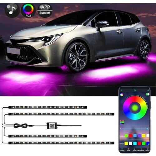 4PCS LED RGB Strip Under Car Bluetooth App Control Flowing Color Underbody Neon Light Car Products 12V