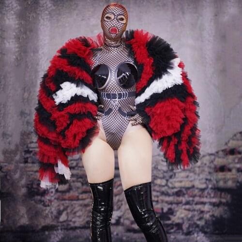 Black Red Voile Loose Jacket Cloak Elastic Bodysuit Dance Outfits Sexy Women Stage Wear Nightclub DJ Singer Performance Costume