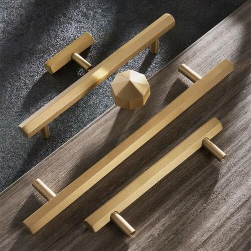 1.8"-15" Gold Solid Brass Hexagon Knob T Bar Cabinet Pull for Kitchen Room Longer Dresser Handle Furniture Hardware