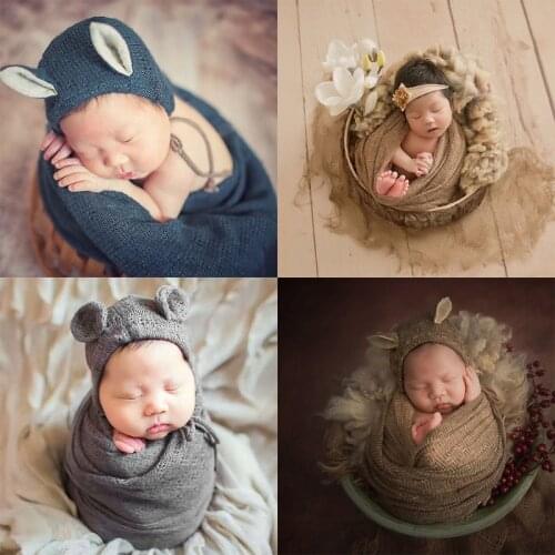 Newborn Knitted Stretch Wrap+Hat Set Crochet Blanket Bonnet Baby Photography Props Infants Photo Shooting Accessories