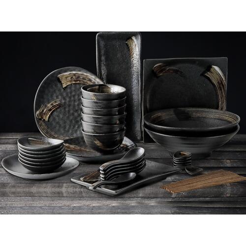 KINGLANG 2/4/6 Person Japanese Dinner Set Ceramic Retro Black Matte Color Restaurant Products Hotelware