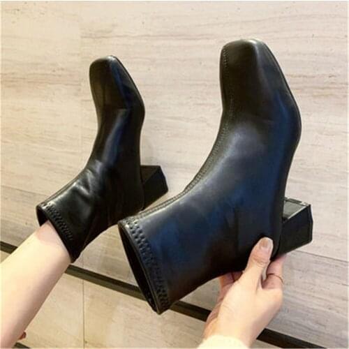 High Quality Boots Female 2021 Soft Leather Women Booties Spring Autumn Square Toe Shoes Non-Slip Girl Fashion Thick Heels Black
