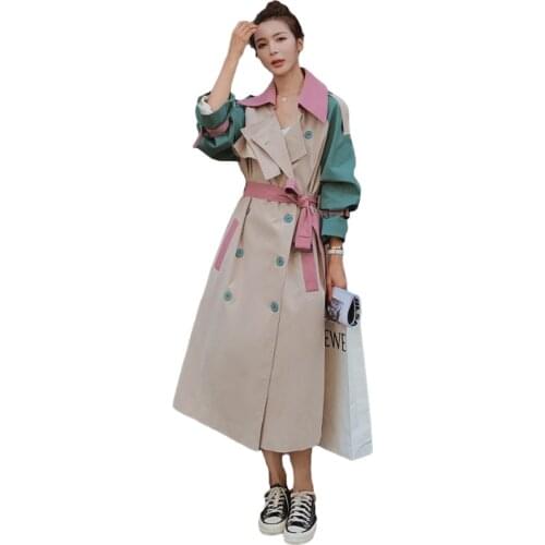 Spring Autumn Patchwork Trench Coat Women Lapel Double Breasted Korean Loose Clothes Long Windbreaker With Belt Overcoat H1292