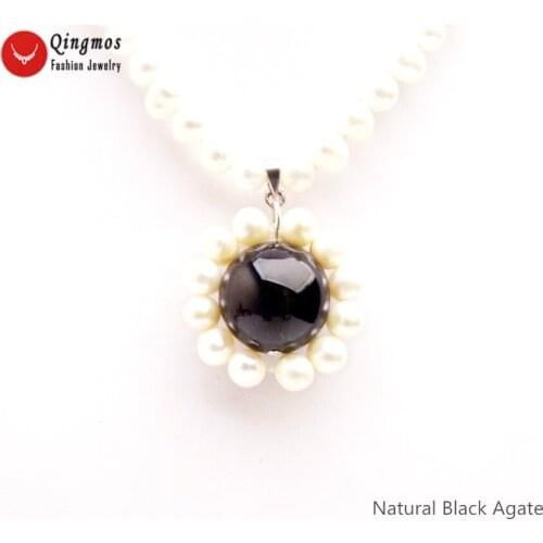 Qingmos Fashion Natural Pearl Pendant Necklace for Women with 6-7mm White Pearl & 18mm Black Agates Necklace Jewelry 17" nec6527