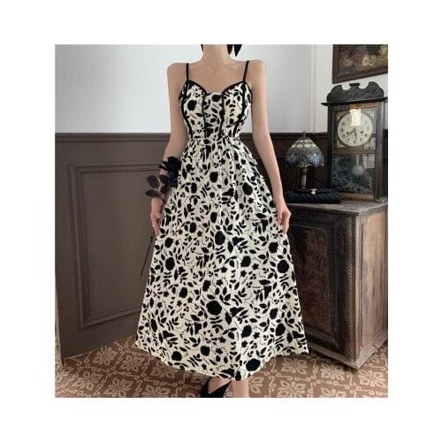 Korean V-neck black printed suspender dress womens 2021 summer dress long dresses for women party wedding COTTON
