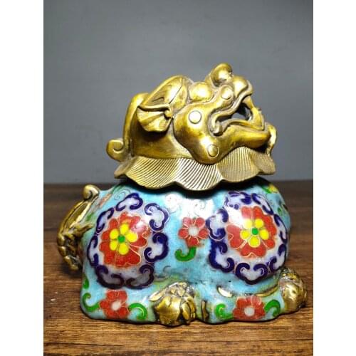 6"Tibet Buddhism Temple Old Bronze Cloisonne Enamel Lion statue incense burner Gate Lion Removable head Exorcism Town House