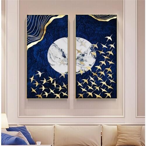 Abstract Moon Wall Art Canvas Painting Golden Mountain Birds Nordic Posters and Prints Wall Pictures for Living Room Home Decor
