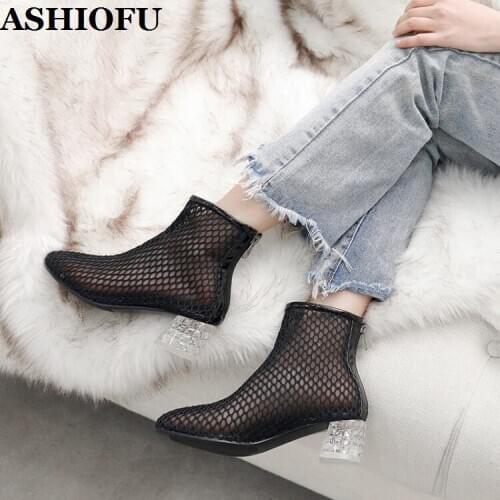 ASHIOFU New 2021 Womens 4cm Chunky Heels Boots Air-mesh Net Leather Sexy Party Prom Ankle Booties Brethable Fashion Short Shoes