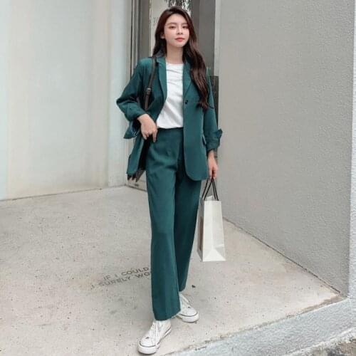 2 Pieces High Quality Women Loose Ol Blazer Split High Waist Pocket Straight Pants Business Suits New Notch Single-button Office