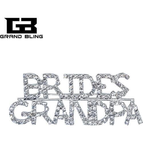 Crystal Wedding Theme Jewelry Gift "BRIDES GRANDPA" Word Brooch Pin for Brides Relative