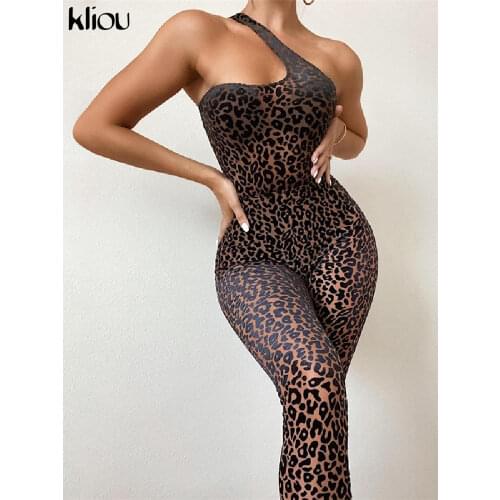 Kliou Flocking Mesh Jumpsuit Women One Shoulder Leopard Style Patchwork One Piece Clothing Sexy Midnight Clubwear Female Overall