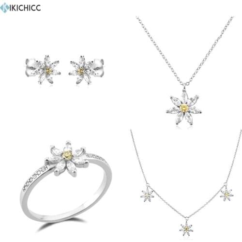 KIKICHICC 925 Sterling Silver Gold Daisy Flower Charm Stud Earring Rings Choker Necklace Jewelry Set 2021 Women Fine Jewe