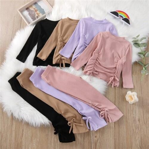 Infant Newborn Baby Girl’s Long-sleeved Trousers Suit Solid Color Sweet Round Neck T-shirt and Elastic Long Pants