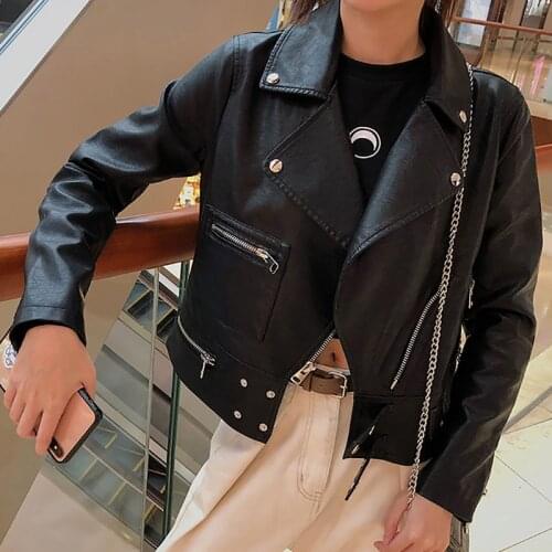 Korean Black Faux PU Short Leather Jacket Autumn Women Fashion Hem Chic Double Row Concealed Buckle Zipper Casual Biker Jacket