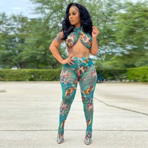 Summer Women Sexy Gauze See-through Print Sleeveless Top + Pantyhose Belt Vest Casual Two-Piece Set