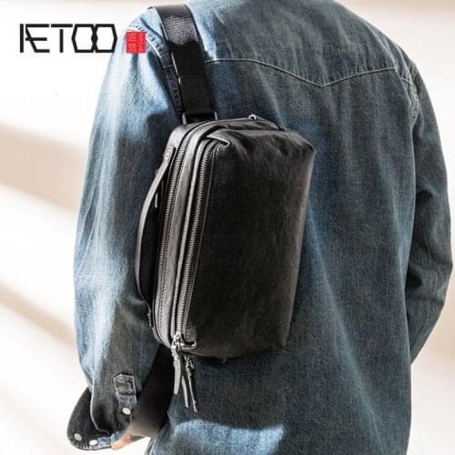 AETOO Leather trendy casual mens chest bag, first layer cowhide simple mens shoulder bag, leather handbag