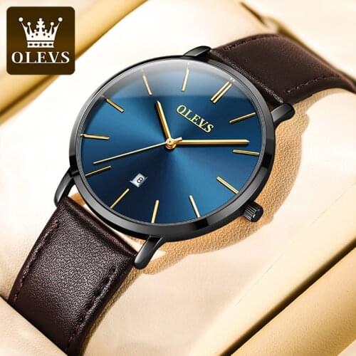 OLEVS 2021 New Business Ultra Thin Dial 30M Waterproof Luminous Fashion Quartz Watch Mens Breathable Leather Strap Watches 5869