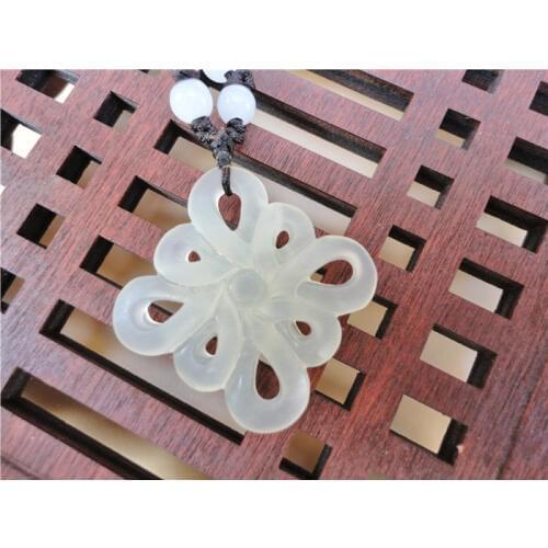 Natural White XIUYU Stone Pendant Carved Hollow out Chinese knot Necklace DIY Antique Accessories Womens Stone Jewelry