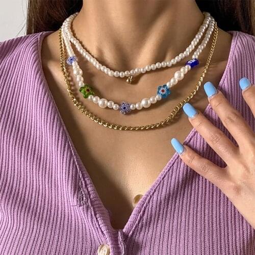 New Fashion Multilayer Korea Handmade Seed Beads Flowers Baroque Pearl Choker Necklace For Women Girls Bohemia Jewelry Party