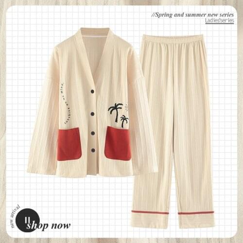 Autumn 2021 New Kimono Cardigan Trousers Set Ladies Pajamas Suit Simple Style Long Pajamas Womens Home Service