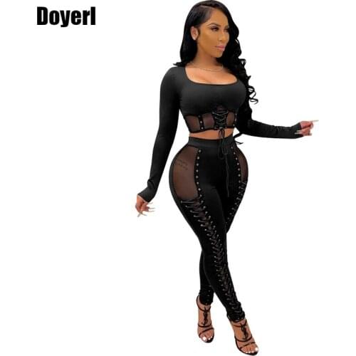 Sexy Lace Up Two Piece Women Sets Festival Clothing Crop Top and Slim Pants Party Club Outfits for Women 2 Piece Matching Sets