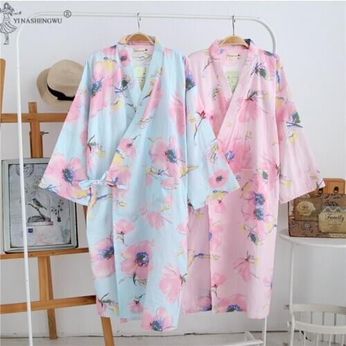 Autumn Cotton Woman Kimono Pajamas Yukata Japanese Style Floral Loose Long Sleepwear NightGown Cardigan Dress Leisure Bathrobe