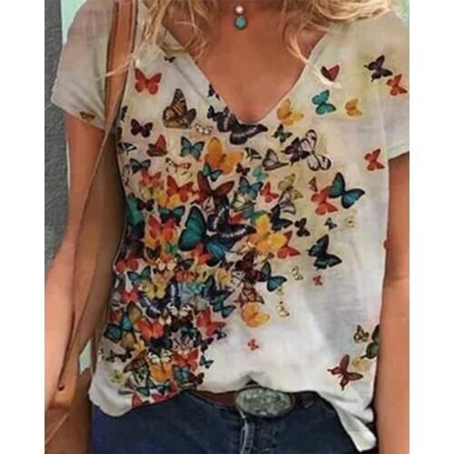 Casual Graphic Harajuku Butterfly T-shirt for Women 2021 Fashion V-neck Short Sleeve Y2K Tee Top Lady Print Animal Tshirt