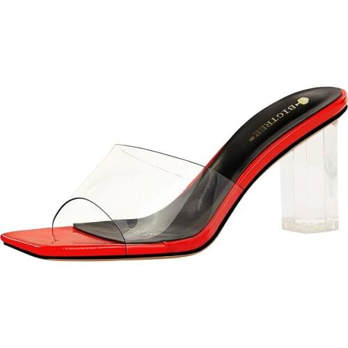 Women New 2021Fashion Sandals 7cm Transparent Square Heel Summer Ladies Sexy Outdoor High Heels slippers Open Toe Thick heel
