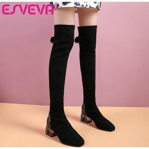 ESVEVA 2021 Fashion Flock Over The Knee Boots Women Boots Winter Women Shoes Square Med Heel Black Zipper Boots Size 34-43