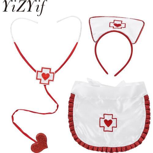 YiZYiF Sexy Cosplay Costumes Doctor Nurse Costume Sets Nurse Hat Headband Stethoscope and Apron Fancy Halloween Party Costume