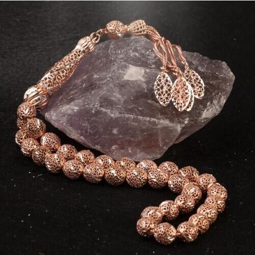 Silver Rose Colored Prayer Rosary Men Starling Cut Rosary With Silver Tassel Arabic Tasbih Ornate Tassel 925k Silver